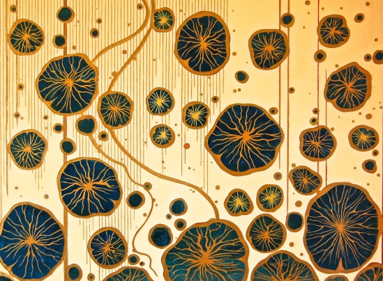 Sunset Lotus 2015 36 x 48" Acrylics and metal leaf on panel